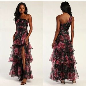 Lulus One-Shoulder Black & Pink Floral Ruffle Tiered Evening Dress